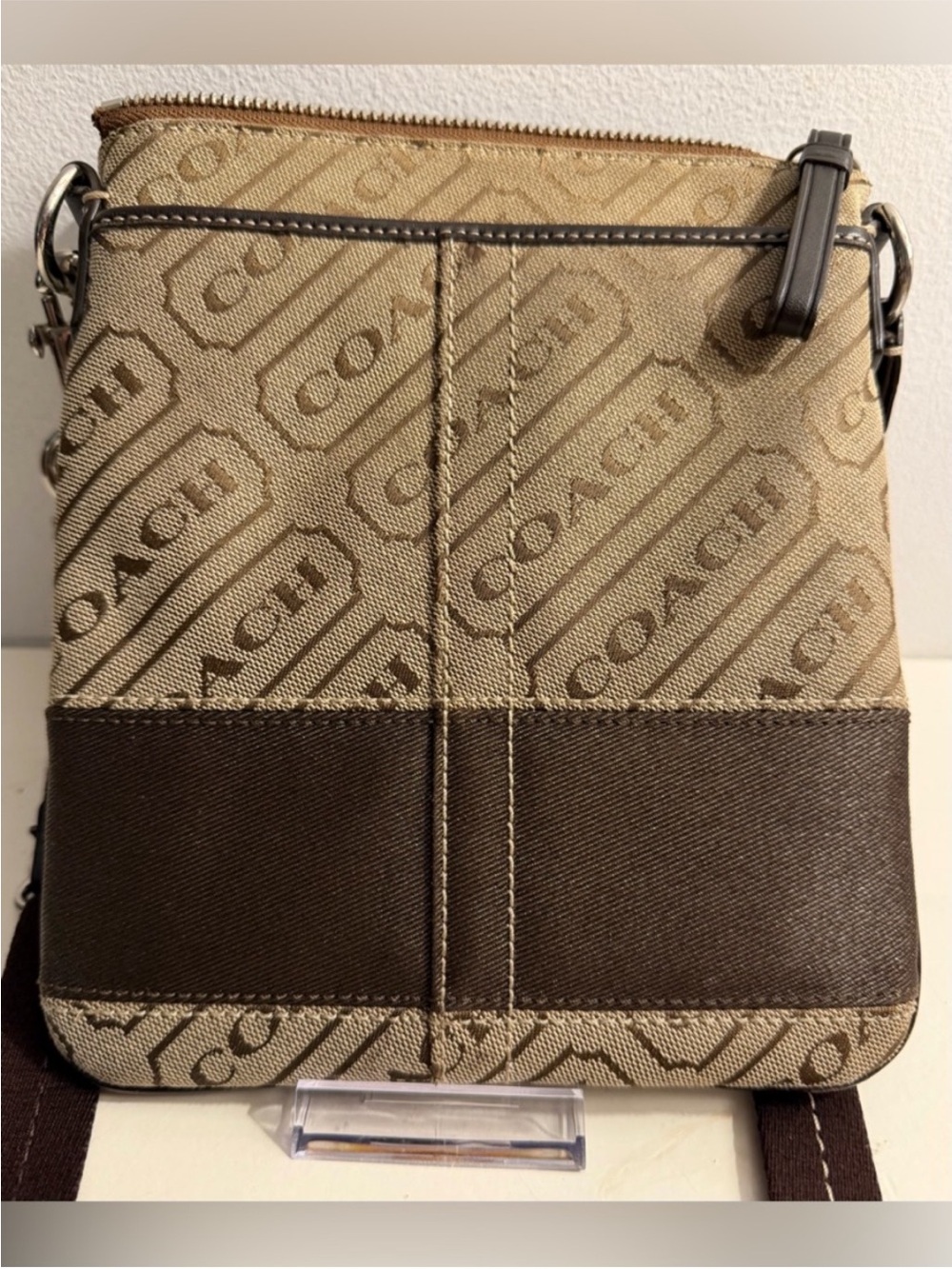 Coach Beige & Brown Monogram Crossbody Messenger Bag